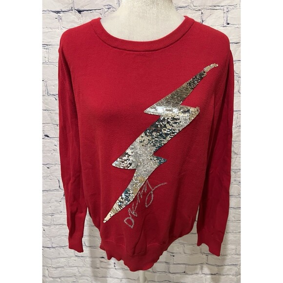 DKNY Womens Metallic Sequin Red Long Sleeve Cotton Sweater Size XL - Picture 2 of 7